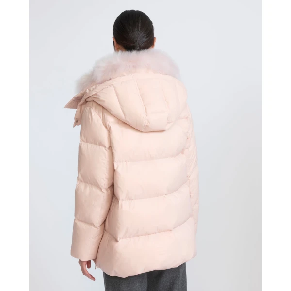 Yves Salomon A-Line Waterproof Down Jacket with Lambswool Trim in Pink | Coats | Coveti