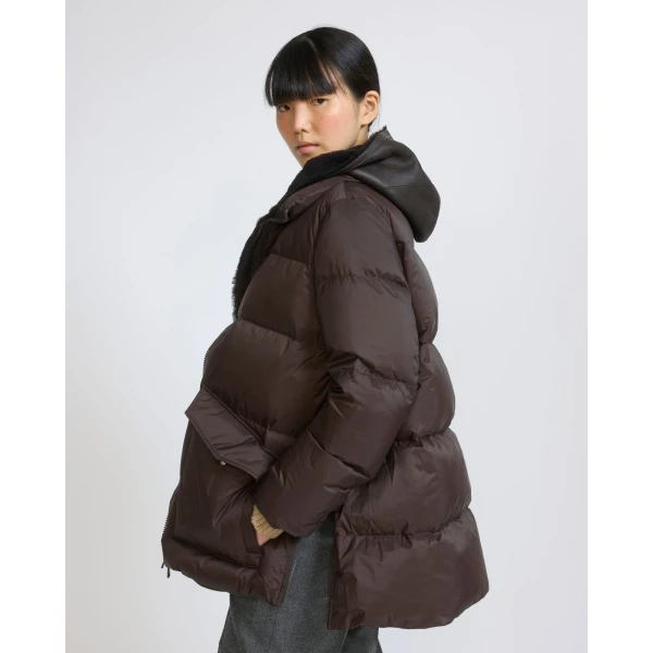Yves Salomon A-Line Waterproof Down Jacket with Shearling Bib in Brown | Jackets | Coveti
