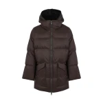 Yves Salomon A-Line Waterproof Down Jacket with Shearling Bib in Brown | Jackets | Coveti