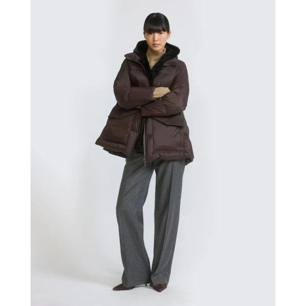 Yves Salomon A-Line Waterproof Down Jacket with Shearling Bib in Brown | Jackets | Coveti