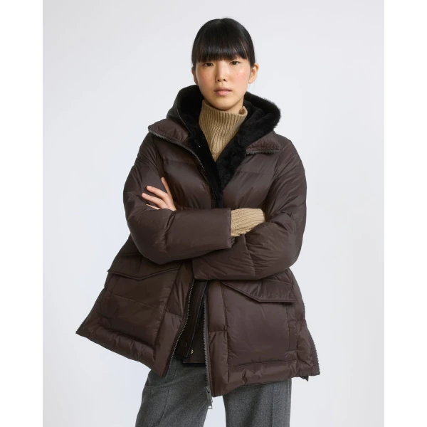 Yves Salomon A-Line Waterproof Down Jacket with Shearling Bib in Brown | Jackets | Coveti