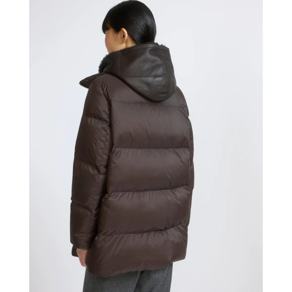 Yves Salomon A-Line Waterproof Down Jacket with Shearling Bib in Brown | Jackets | Coveti