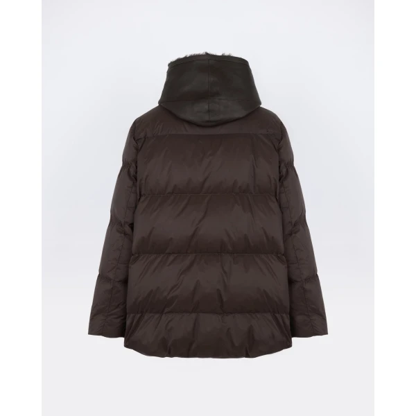 Yves Salomon A-Line Waterproof Down Jacket with Shearling Bib in Brown | Jackets | Coveti