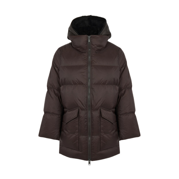Yves Salomon A-Line Waterproof Down Jacket with Shearling Bib in Brown | Jackets | Coveti
