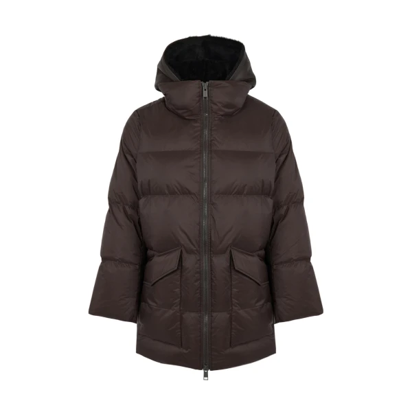 Yves Salomon A-Line Waterproof Down Jacket with Shearling Bib in Brown | Jackets | Coveti