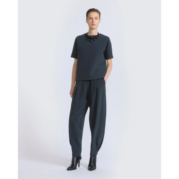Yves Salomon Balloon Silk Crepe Trousers in Dark Teal | Pants | Coveti