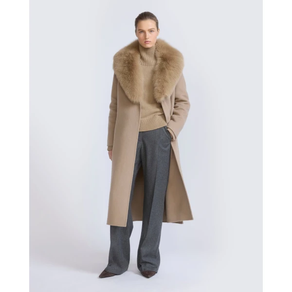 Yves Salomon Belted Cashmere Wool Coat with Fox Fur Collar and Lapels in Beige | Wool Coat | Coveti