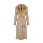 Yves Salomon Belted Cashmere Wool Coat with Fox Fur Collar and Lapels in Beige | Wool Coat | Coveti