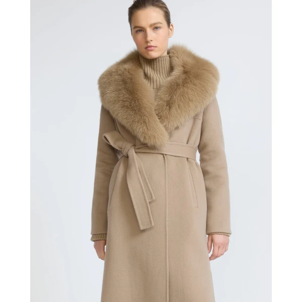 Yves Salomon Belted Cashmere Wool Coat with Fox Fur Collar and Lapels in Beige | Wool Coat | Coveti