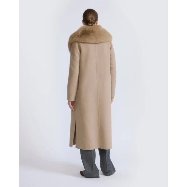 Yves Salomon Belted Cashmere Wool Coat with Fox Fur Collar and Lapels in Beige | Wool Coat | Coveti