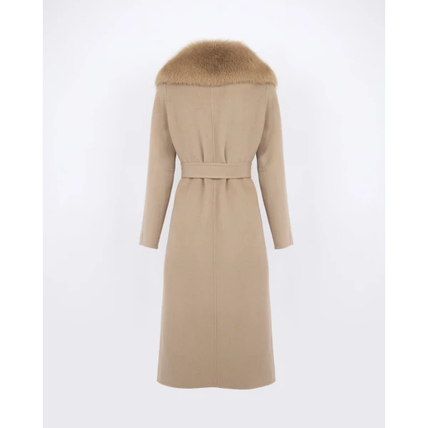 Yves Salomon Belted Cashmere Wool Coat with Fox Fur Collar and Lapels in Beige | Wool Coat | Coveti