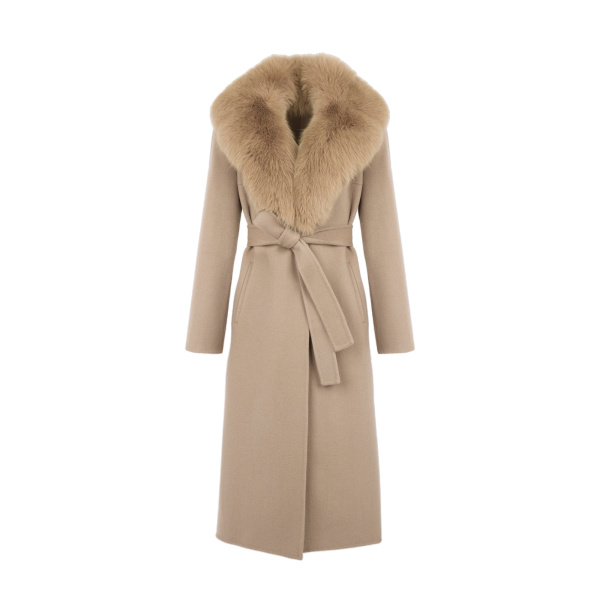 Yves Salomon Belted Cashmere Wool Coat with Fox Fur Collar and Lapels in Beige | Wool Coat | Coveti