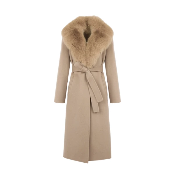 Yves Salomon Belted Cashmere Wool Coat with Fox Fur Collar and Lapels in Beige | Wool Coat | Coveti