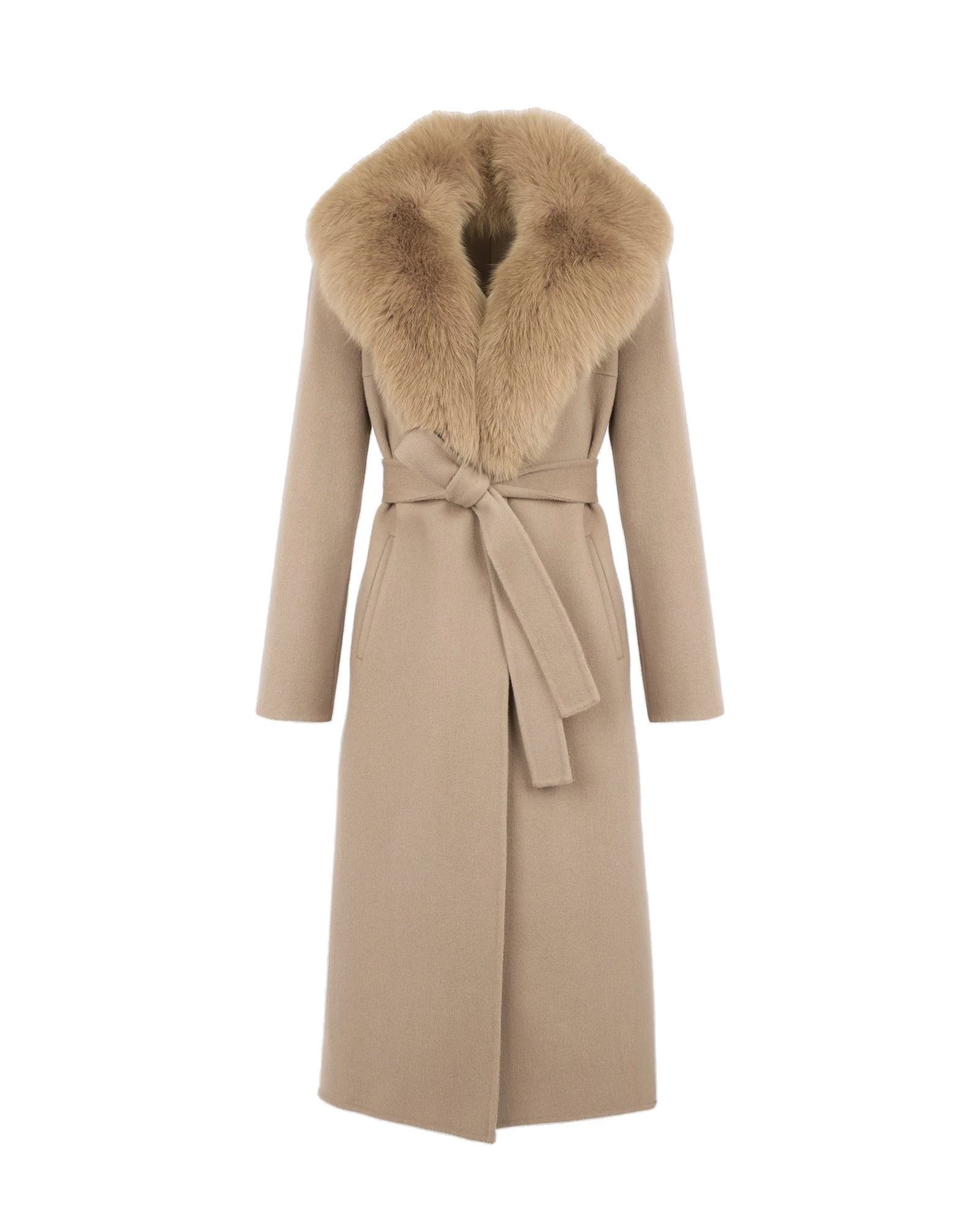 Yves Salomon Belted Cashmere Wool Coat with Fox Fur Collar and Lapels in Beige Yves Salomon Belted Cashmere Wool Coat with Fox Fur Collar and Lapels in Beige | Wool Coat | Coveti