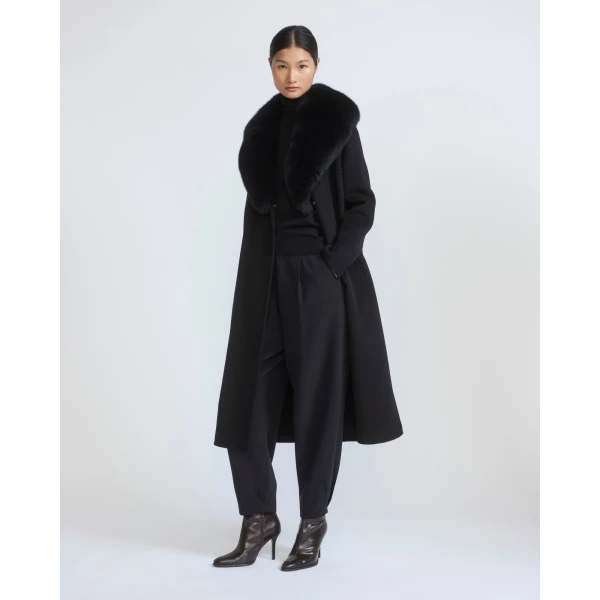 Yves Salomon Belted Cashmere Wool Coat with Fox Fur Collar and Lapels in Black | Wool Coat | Coveti