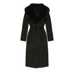 Yves Salomon Belted Cashmere Wool Coat with Fox Fur Collar and Lapels in Black | Wool Coat | Coveti