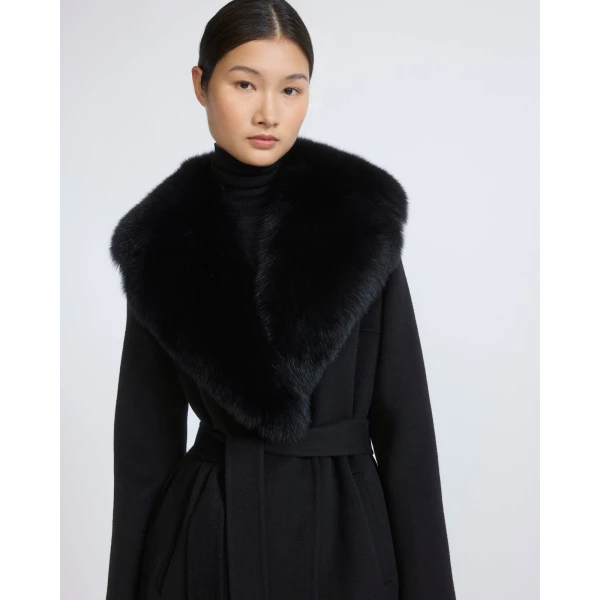 Yves Salomon Belted Cashmere Wool Coat with Fox Fur Collar and Lapels in Black | Wool Coat | Coveti