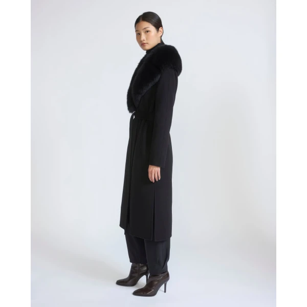 Yves Salomon Belted Cashmere Wool Coat with Fox Fur Collar and Lapels in Black | Wool Coat | Coveti
