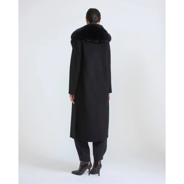 Yves Salomon Belted Cashmere Wool Coat with Fox Fur Collar and Lapels in Black | Wool Coat | Coveti