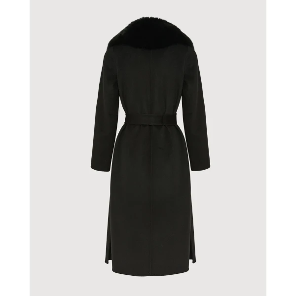 Yves Salomon Belted Cashmere Wool Coat with Fox Fur Collar and Lapels in Black | Wool Coat | Coveti