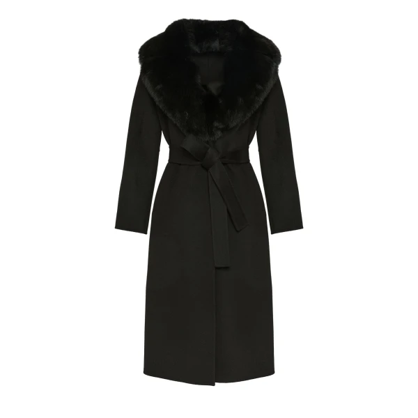Belted Cashmere Wool Coat with Fox Fur Collar and Lapels in Black