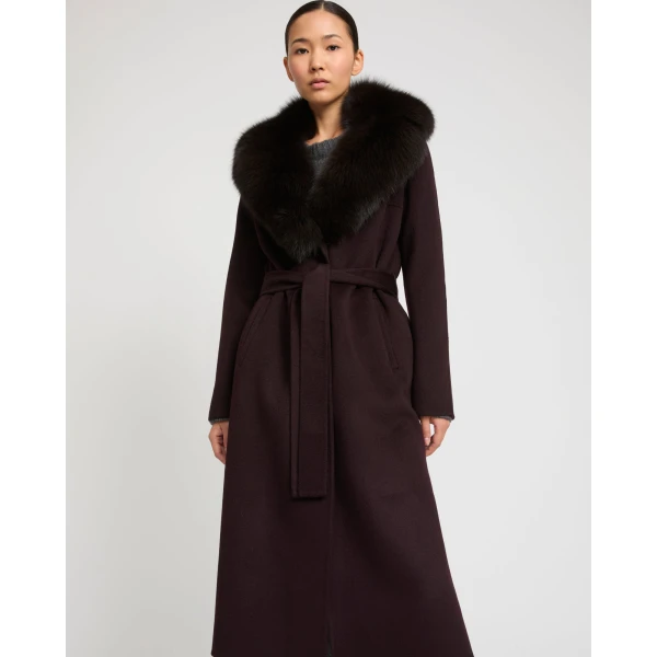 Yves Salomon Belted Cashmere Wool Coat with Fox Fur Collar and Lapels in Bordeaux | Wool Coat | Coveti