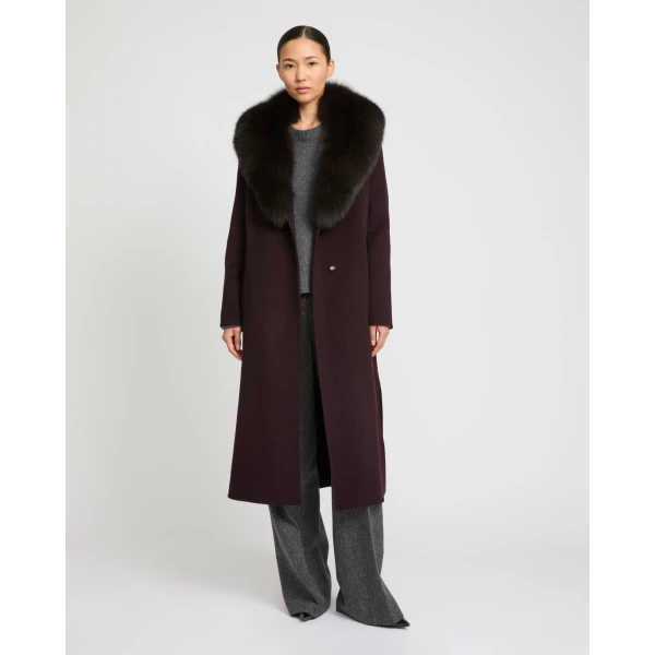 Yves Salomon Belted Cashmere Wool Coat with Fox Fur Collar and Lapels in Bordeaux | Wool Coat | Coveti