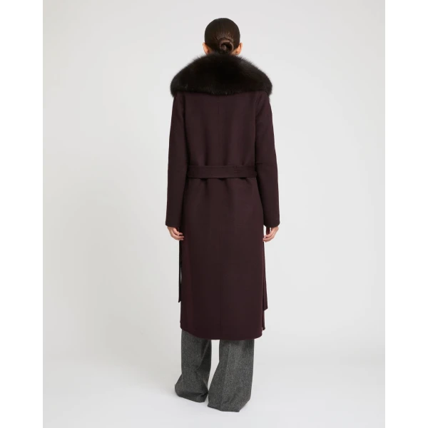 Yves Salomon Belted Cashmere Wool Coat with Fox Fur Collar and Lapels in Bordeaux | Wool Coat | Coveti