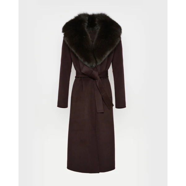 Yves Salomon Belted Cashmere Wool Coat with Fox Fur Collar and Lapels in Bordeaux | Wool Coat | Coveti