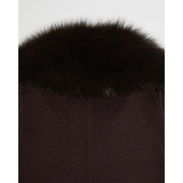 Yves Salomon Belted Cashmere Wool Coat with Fox Fur Collar and Lapels in Bordeaux | Wool Coat | Coveti