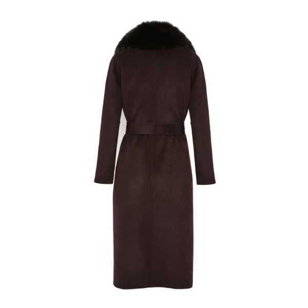 Yves Salomon Belted Cashmere Wool Coat with Fox Fur Collar and Lapels in Bordeaux | Wool Coat | Coveti