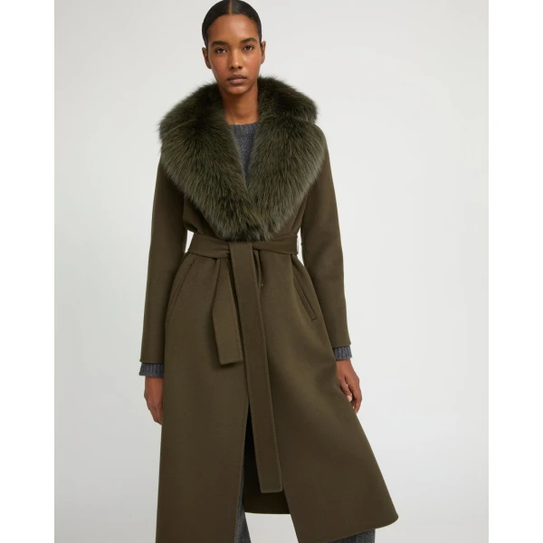 Yves Salomon Belted Cashmere Wool Coat with Fox Fur Collar and Lapels in Khaki | Wool Coat | Coveti
