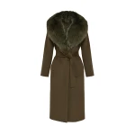 Yves Salomon Belted Cashmere Wool Coat with Fox Fur Collar and Lapels in Khaki | Wool Coat | Coveti