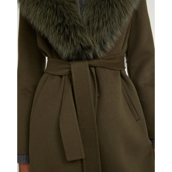 Yves Salomon Belted Cashmere Wool Coat with Fox Fur Collar and Lapels in Khaki | Wool Coat | Coveti