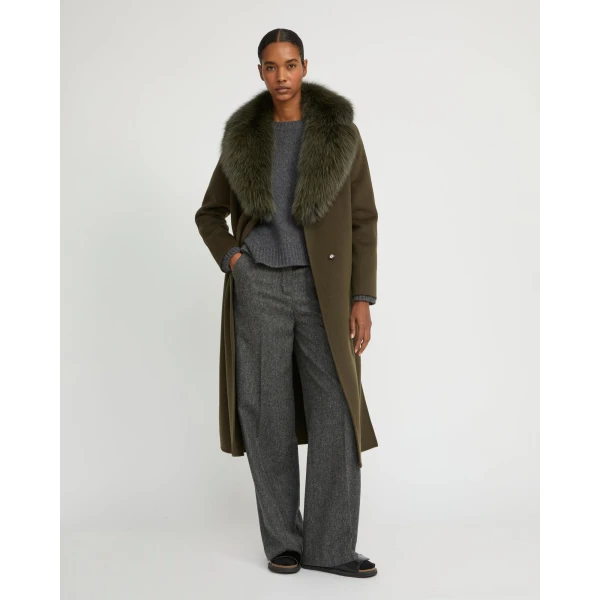 Yves Salomon Belted Cashmere Wool Coat with Fox Fur Collar and Lapels in Khaki | Wool Coat | Coveti