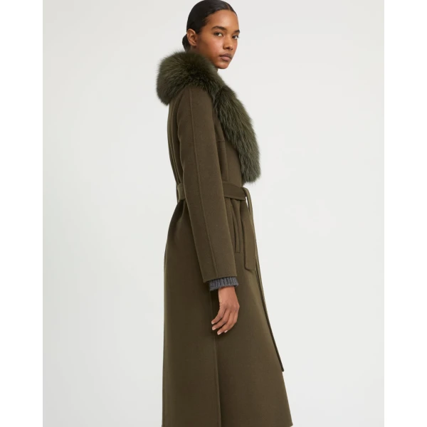 Yves Salomon Belted Cashmere Wool Coat with Fox Fur Collar and Lapels in Khaki | Wool Coat | Coveti