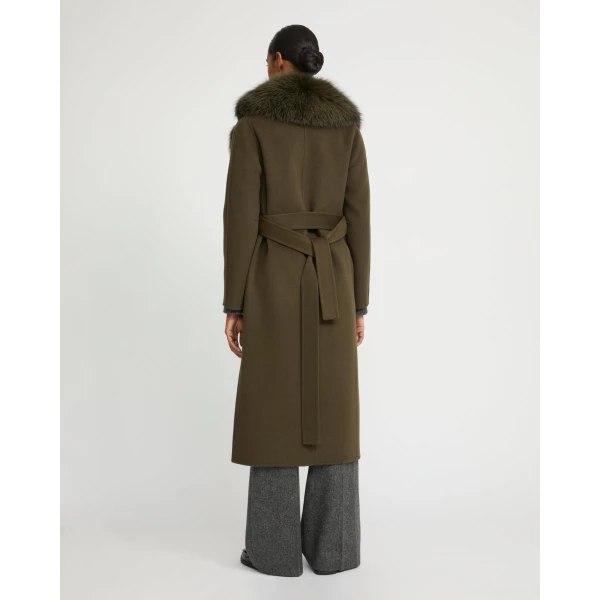 Yves Salomon Belted Cashmere Wool Coat with Fox Fur Collar and Lapels in Khaki | Wool Coat | Coveti