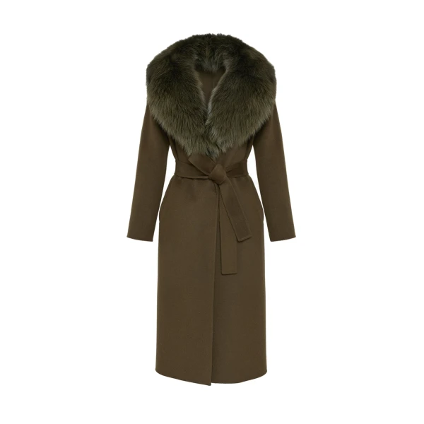Yves Salomon Belted Cashmere Wool Coat with Fox Fur Collar and Lapels in Khaki | Wool Coat | Coveti