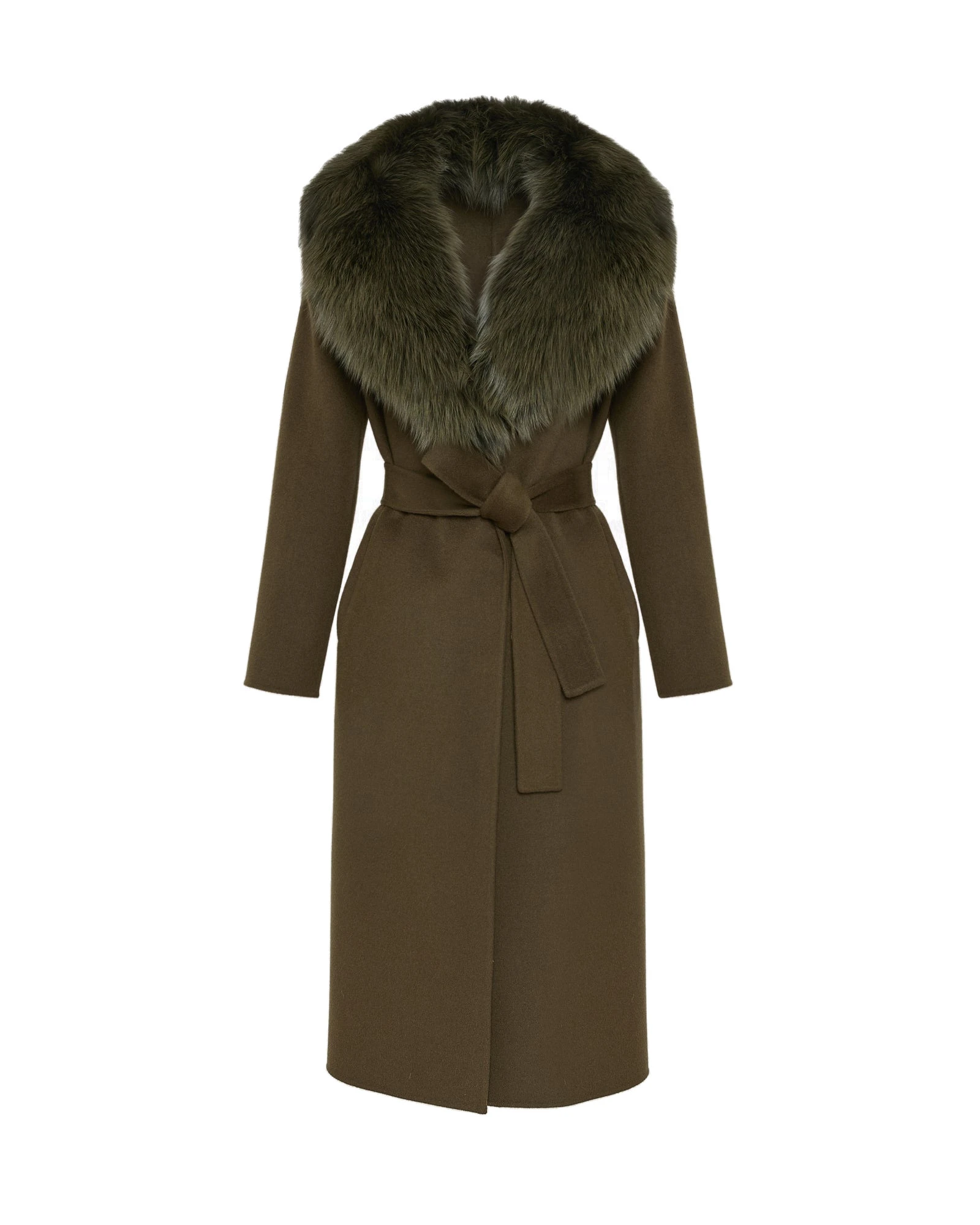 Yves Salomon Belted Cashmere Wool Coat with Fox Fur Collar and Lapels in Khaki Yves Salomon Belted Cashmere Wool Coat with Fox Fur Collar and Lapels in Khaki | Wool Coat | Coveti