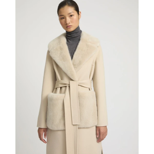 Yves Salomon Belted Cashmere Wool Coat with Mink Collar and Over-Pockets in Beige | Wool Coat | Coveti