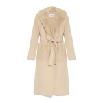 Yves Salomon Belted Cashmere Wool Coat with Mink Collar and Over-Pockets in Beige | Wool Coat | Coveti