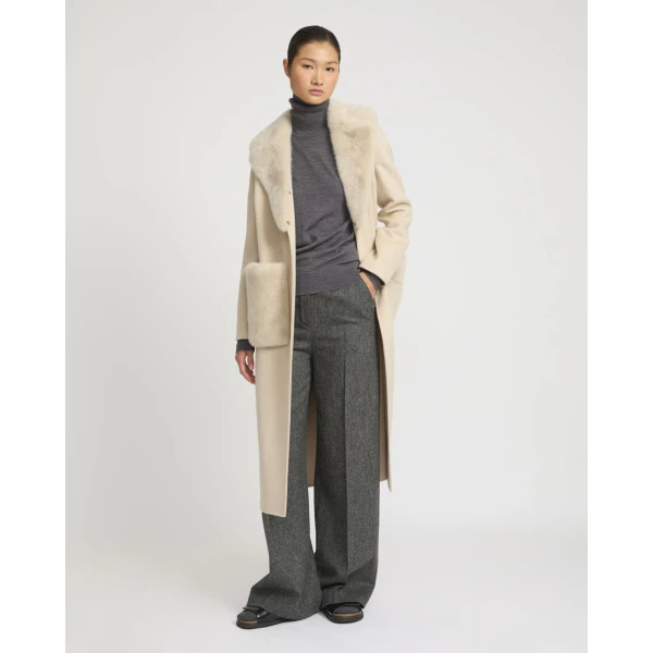 Yves Salomon Belted Cashmere Wool Coat with Mink Collar and Over-Pockets in Beige | Wool Coat | Coveti