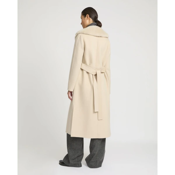 Yves Salomon Belted Cashmere Wool Coat with Mink Collar and Over-Pockets in Beige | Wool Coat | Coveti