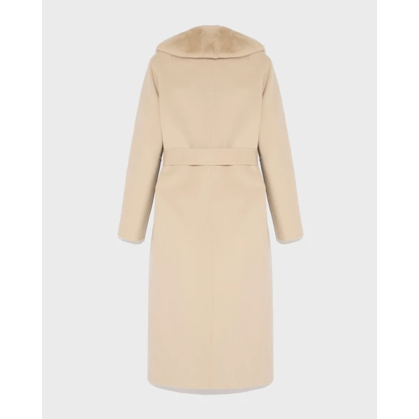 Yves Salomon Belted Cashmere Wool Coat with Mink Collar and Over-Pockets in Beige | Wool Coat | Coveti