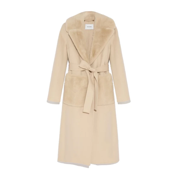 Yves Salomon Belted Cashmere Wool Coat with Mink Collar and Over-Pockets in Beige | Wool Coat | Coveti