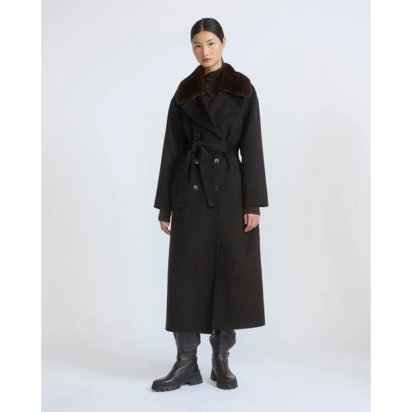 Yves Salomon Belted Cashmere Wool Coat with Mink Fur Collar in Brown | Wool Coat | Coveti