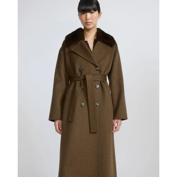 Yves Salomon Belted Cashmere Wool Coat with Mink Fur Collar in Brown | Wool Coat | Coveti