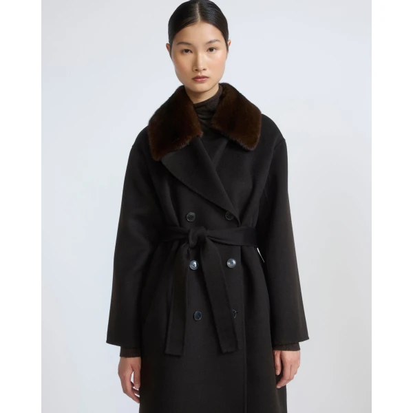 Yves Salomon Belted Cashmere Wool Coat with Mink Fur Collar in Brown | Wool Coat | Coveti