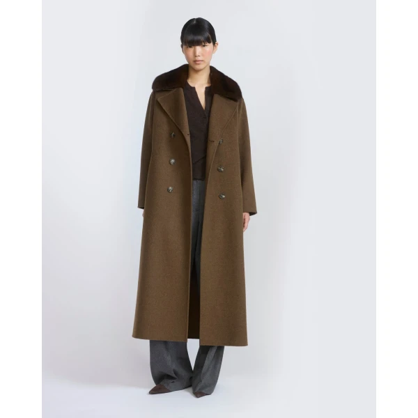 Yves Salomon Belted Cashmere Wool Coat with Mink Fur Collar in Brown | Wool Coat | Coveti