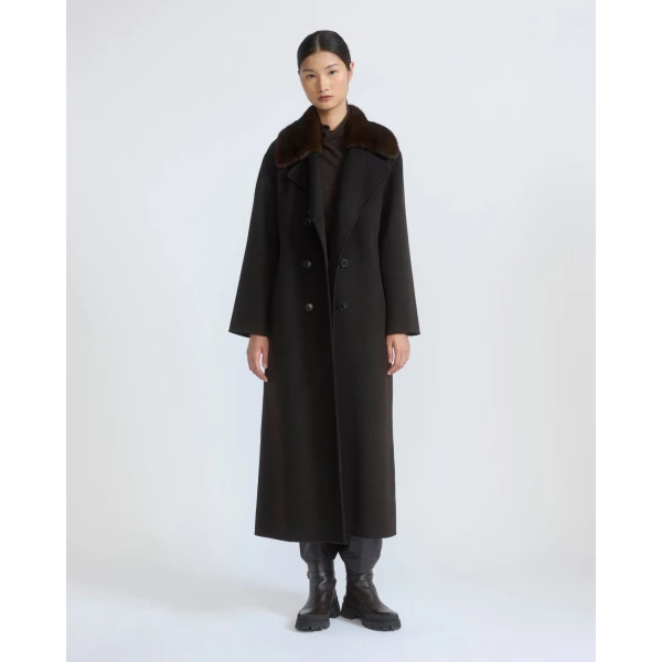 Yves Salomon Belted Cashmere Wool Coat with Mink Fur Collar in Brown | Wool Coat | Coveti